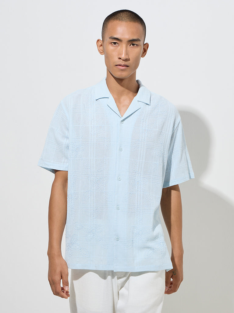 ETA Light Blue Floral Embroidered Relaxed-Fit Cotton Shirt
