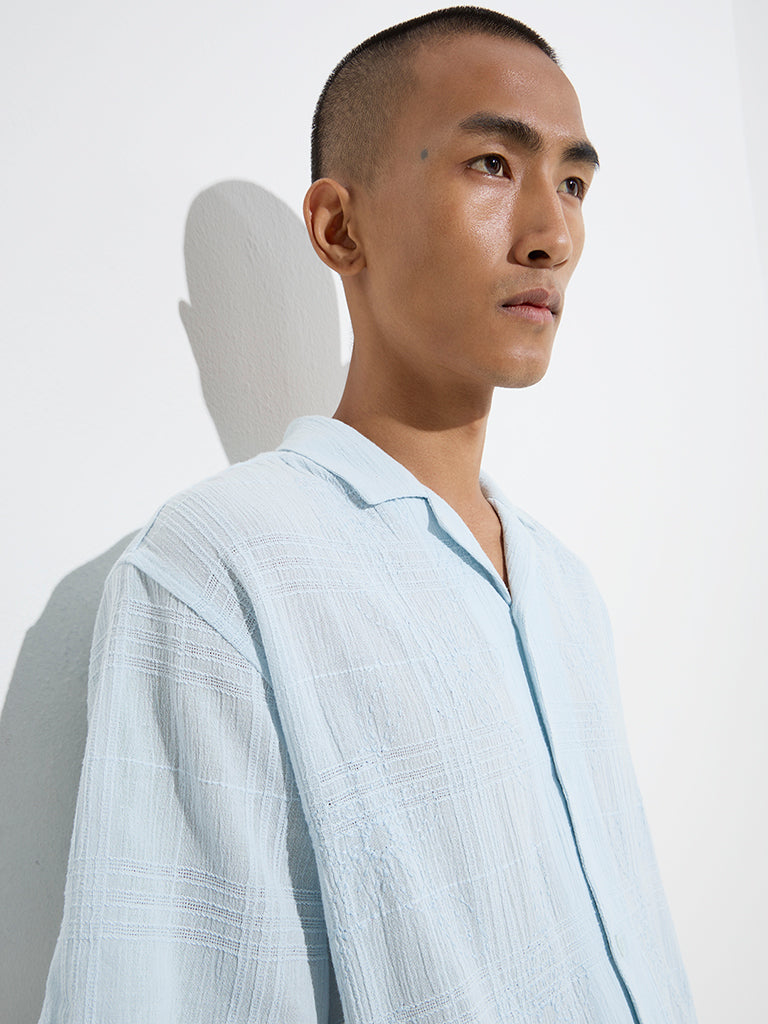 ETA Light Blue Floral Embroidered Relaxed-Fit Cotton Shirt