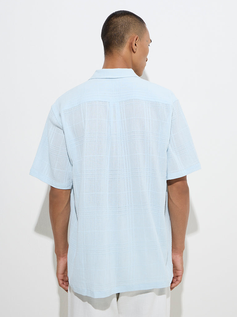 ETA Light Blue Floral Embroidered Relaxed-Fit Cotton Shirt