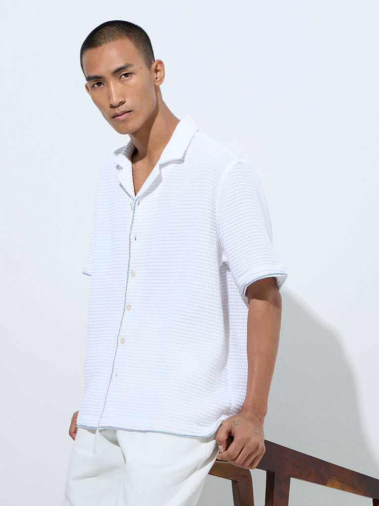 Westside ETA Men's White Waffle-Textured Relaxed-Fit Cotton Shirt for Casual Wear Front View