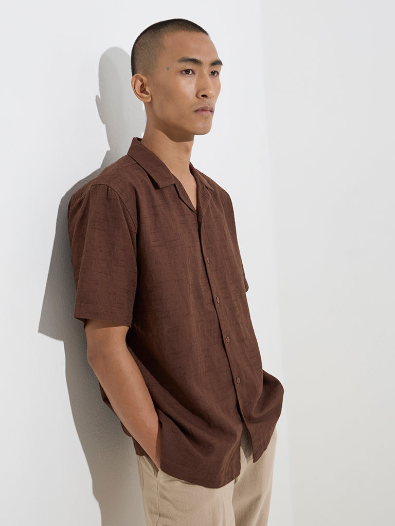 ETA Brown Self-Patterned Relaxed-Fit Cotton Shirt