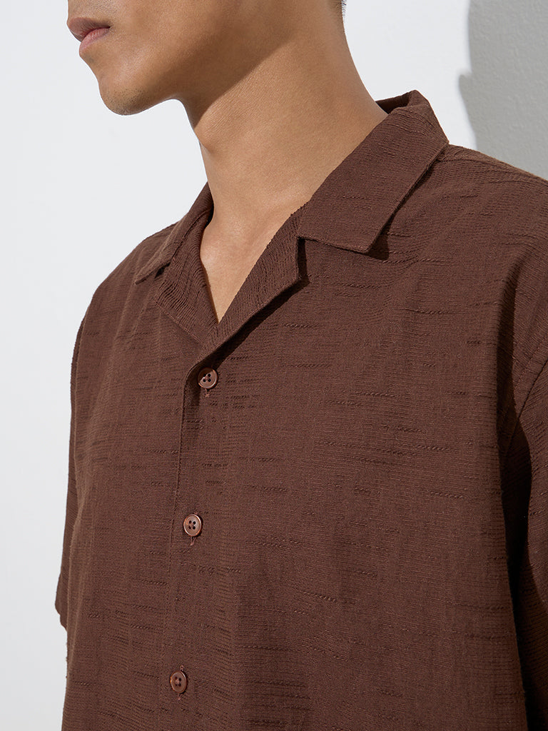 ETA Brown Self-Patterned Relaxed-Fit Cotton Shirt