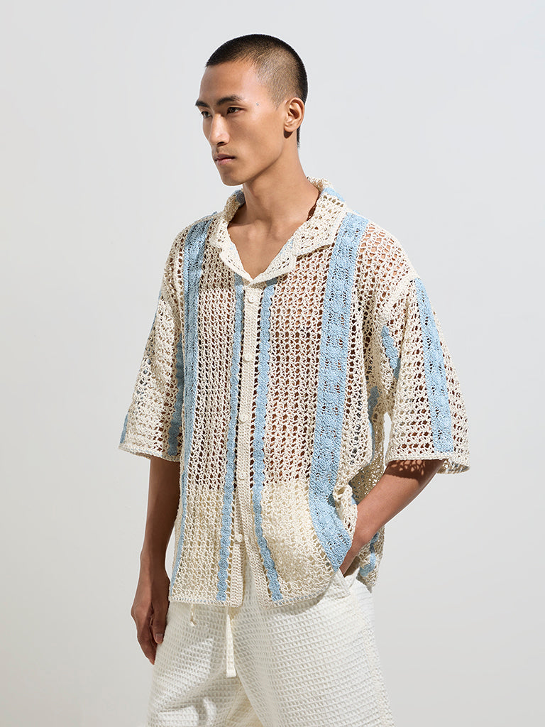 ETA Blue Crochet-Detailed Relaxed-Fit Shirt