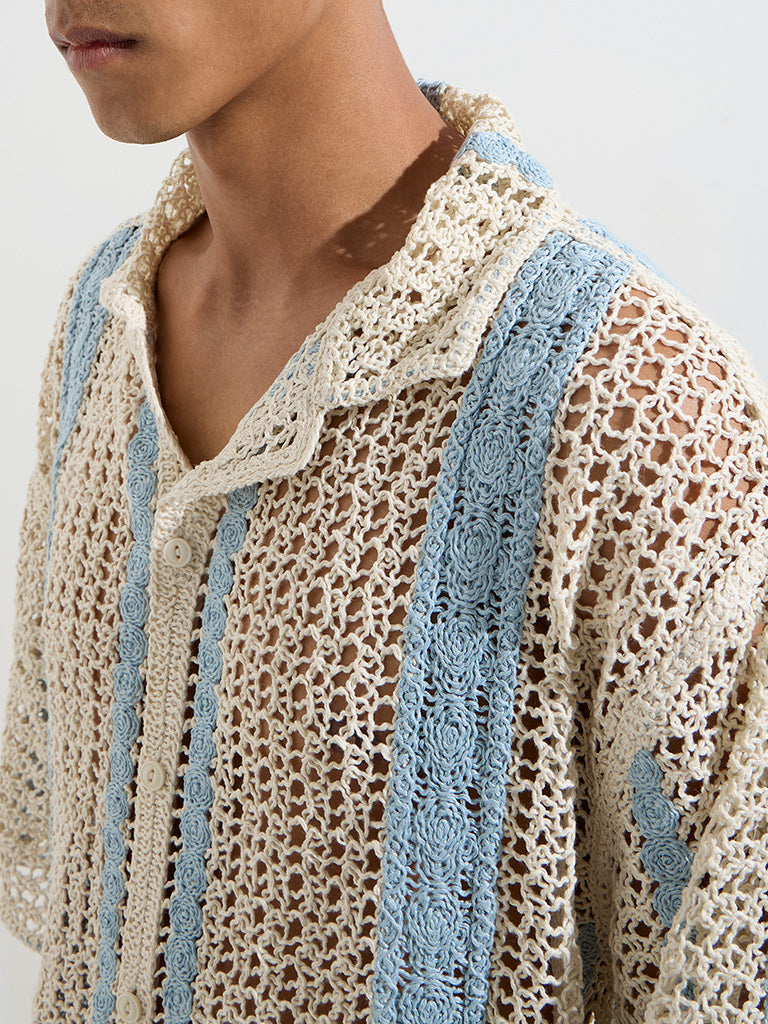 ETA Blue Crochet-Detailed Relaxed-Fit Shirt