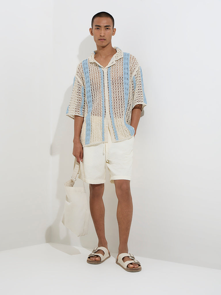ETA Blue Crochet-Detailed Relaxed-Fit Shirt