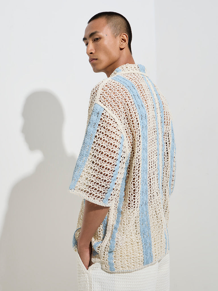 ETA Blue Crochet-Detailed Relaxed-Fit Shirt