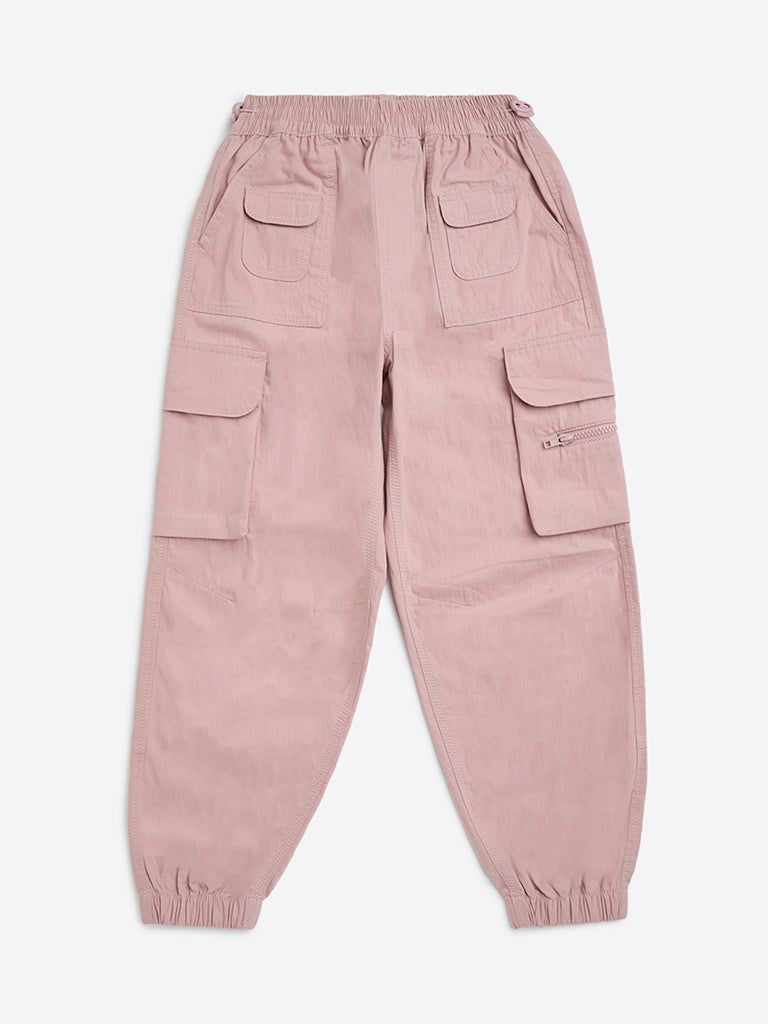 Westside Y&F Girls' Pink High-Rise Cotton-Blend Joggers for Casual Wear Front  View