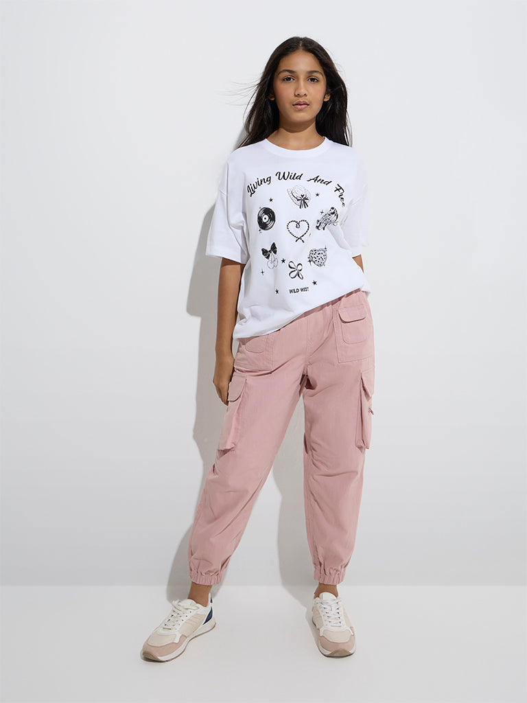 Westside Y&F Girls' Pink High-Rise Cotton-Blend Joggers for Casual Wear Full Model View