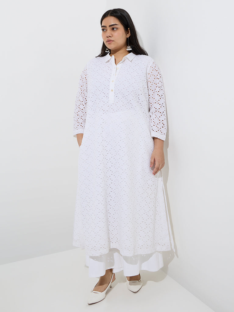 Diza White Schiffli Embroidered A-Line Cotton Kurta