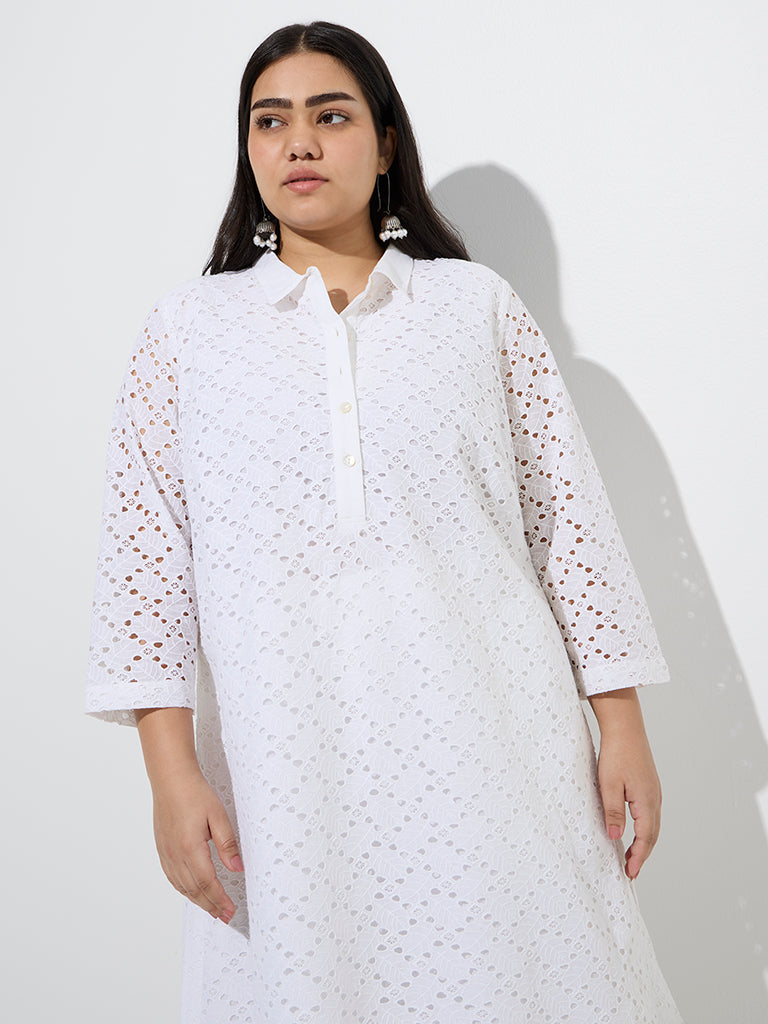 Diza White Schiffli Embroidered A-Line Cotton Kurta