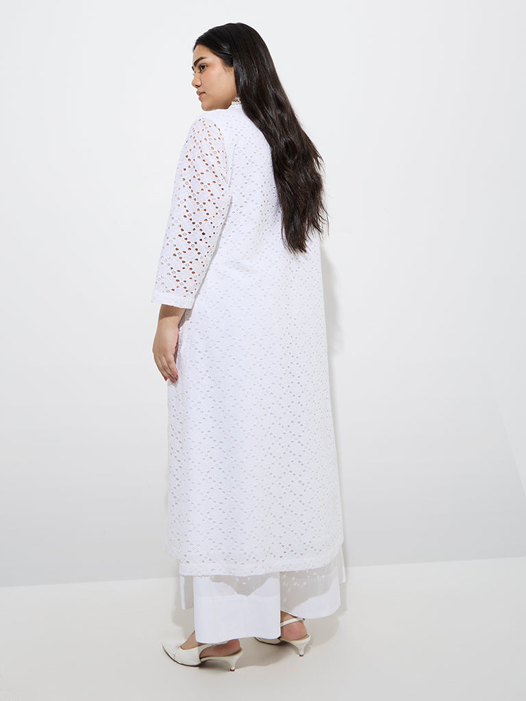 Diza White Schiffli Embroidered A-Line Cotton Kurta