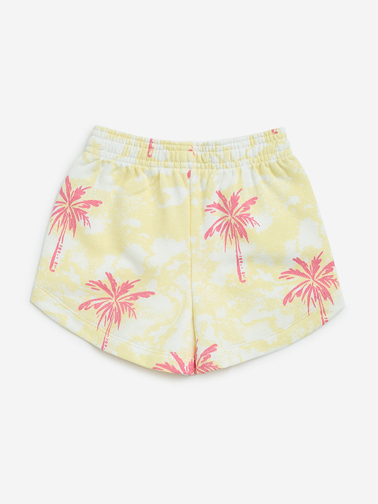HOP Kids Light Yellow Tropical Print Mid-Rise Cotton Shorts