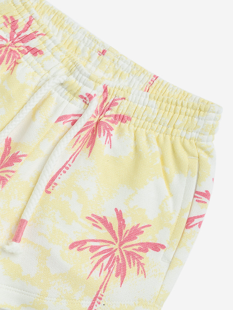 HOP Kids Light Yellow Tropical Print Mid-Rise Cotton Shorts