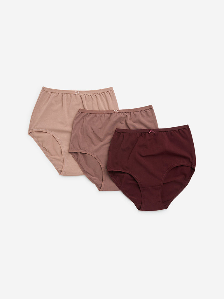 Westside Wunderlove Women's Dusty Rose Cotton-Blend Full Briefs - Pack of 3 for Casual Wear Flatlay Front View