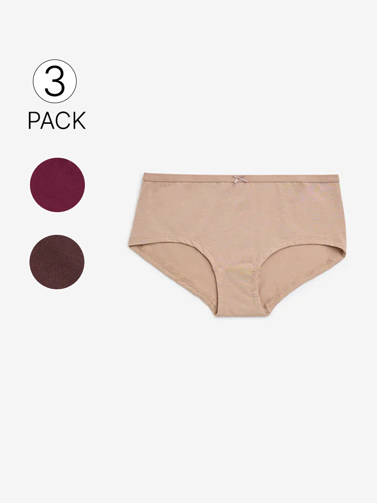 Westside Wunderlove Women's Plum Solid Cotton-Blend Briefs - Pack of 3 for Casual Wear Flatlay Front View