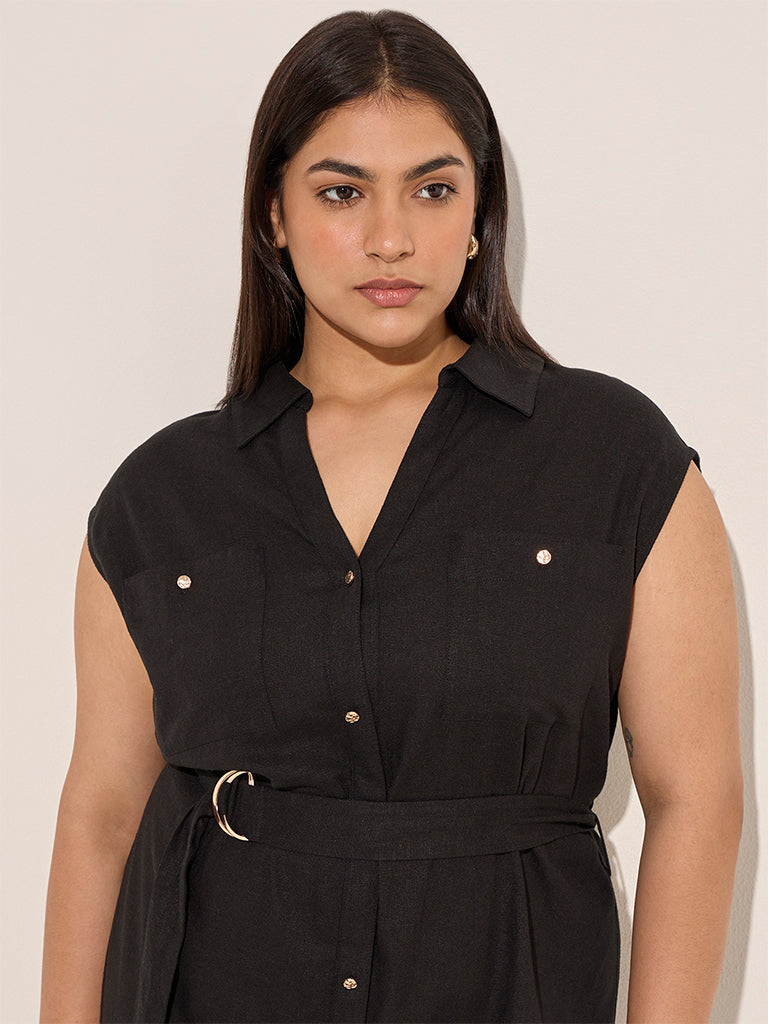 Gia Black Solid Linen-Blend Shirt Dress with Belt