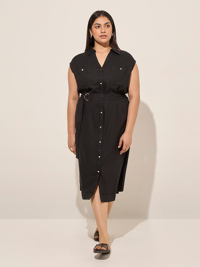 Gia Black Solid Linen-Blend Shirt Dress with Belt