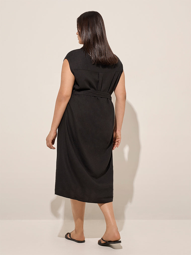 Gia Black Solid Linen-Blend Shirt Dress with Belt