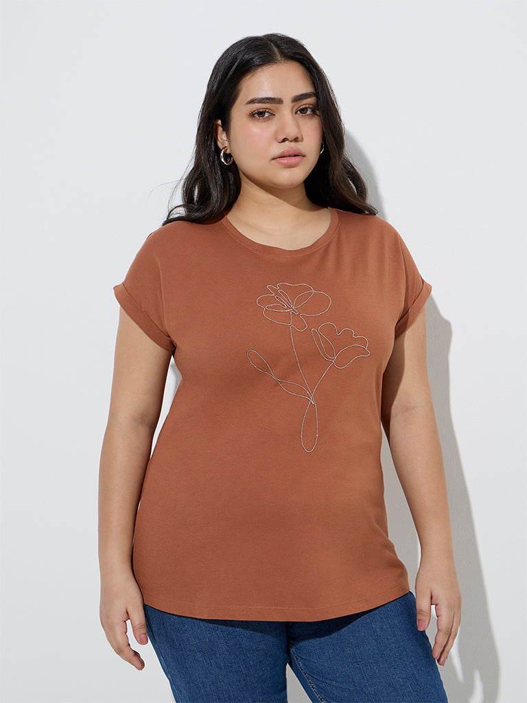 Gia Brown Floral Embellished Cotton T-Shirt