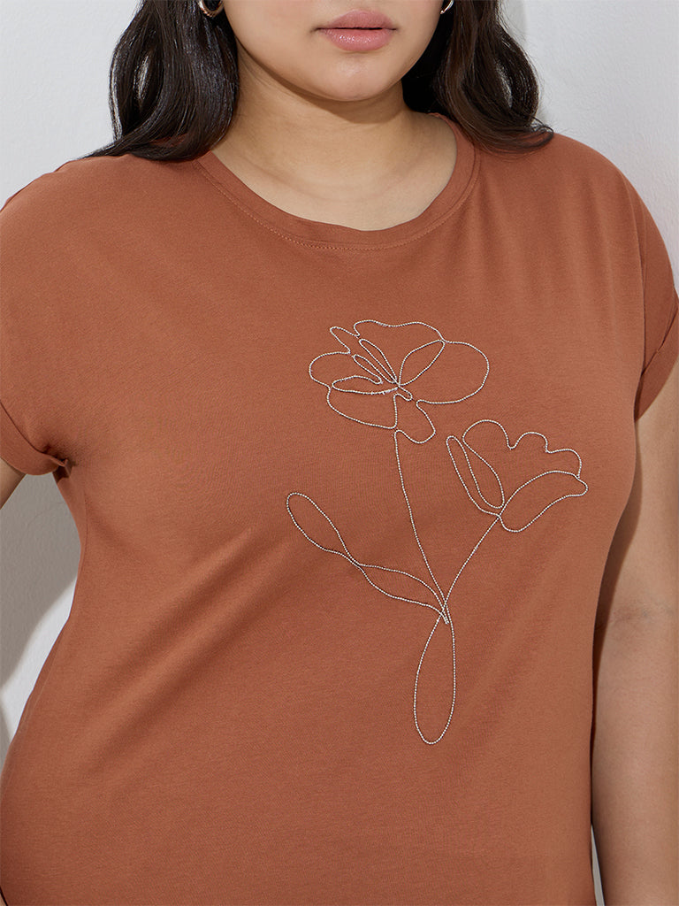 Gia Brown Floral Embellished Cotton T-Shirt