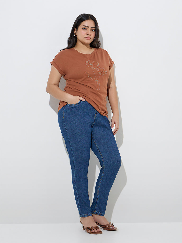 Gia Brown Floral Embellished Cotton T-Shirt