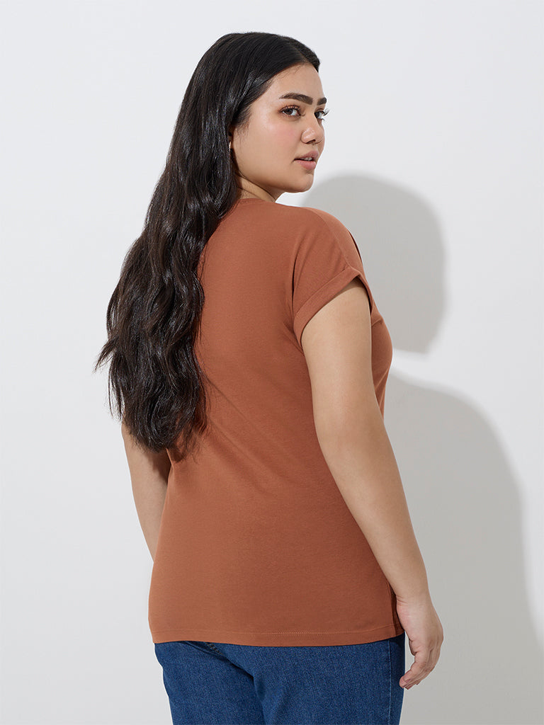Gia Brown Floral Embellished Cotton T-Shirt