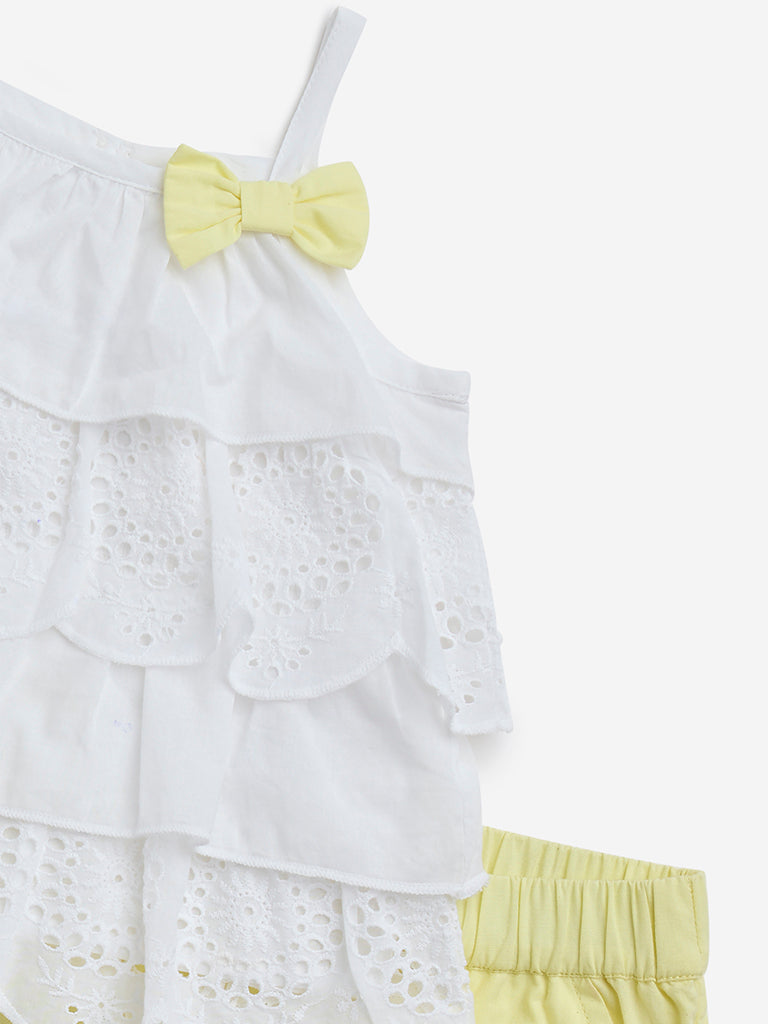 HOP Baby White Schiffli Design Cotton Top with Shorts Set