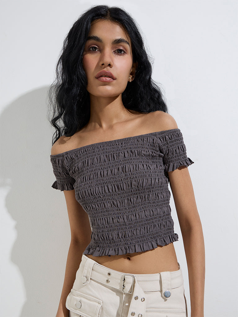 Nuon Grey Off-Shoulder Smocked Cotton-Blend Crop Top