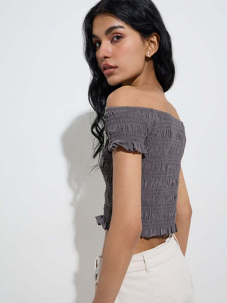 Nuon Grey Off-Shoulder Smocked Cotton-Blend Crop Top
