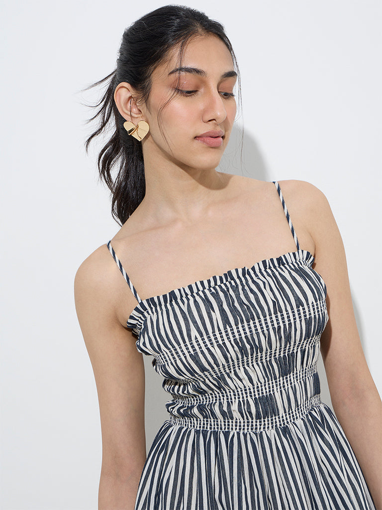LOV Blue Stripe Printed Cotton-Blend A-Line Dress