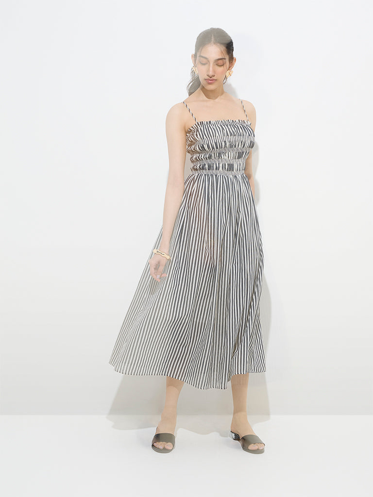 LOV Blue Stripe Printed Cotton-Blend A-Line Dress