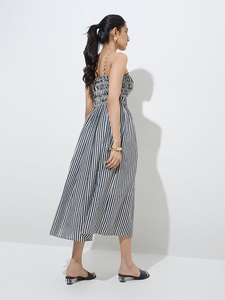 LOV Blue Stripe Printed Cotton-Blend A-Line Dress