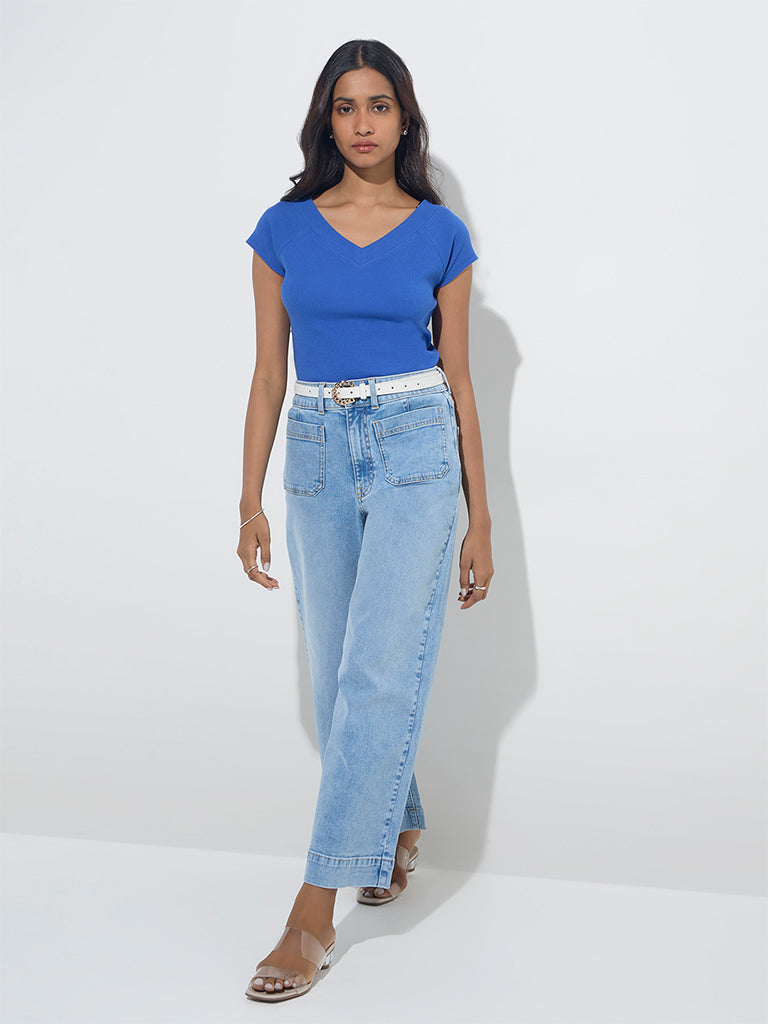 LOV Blue Ribbed-Texture Cotton-Blend Top