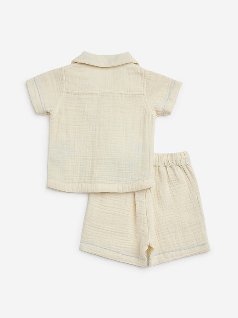 HOP Baby Off-White Crinkle Cotton Shirt with Shorts Set