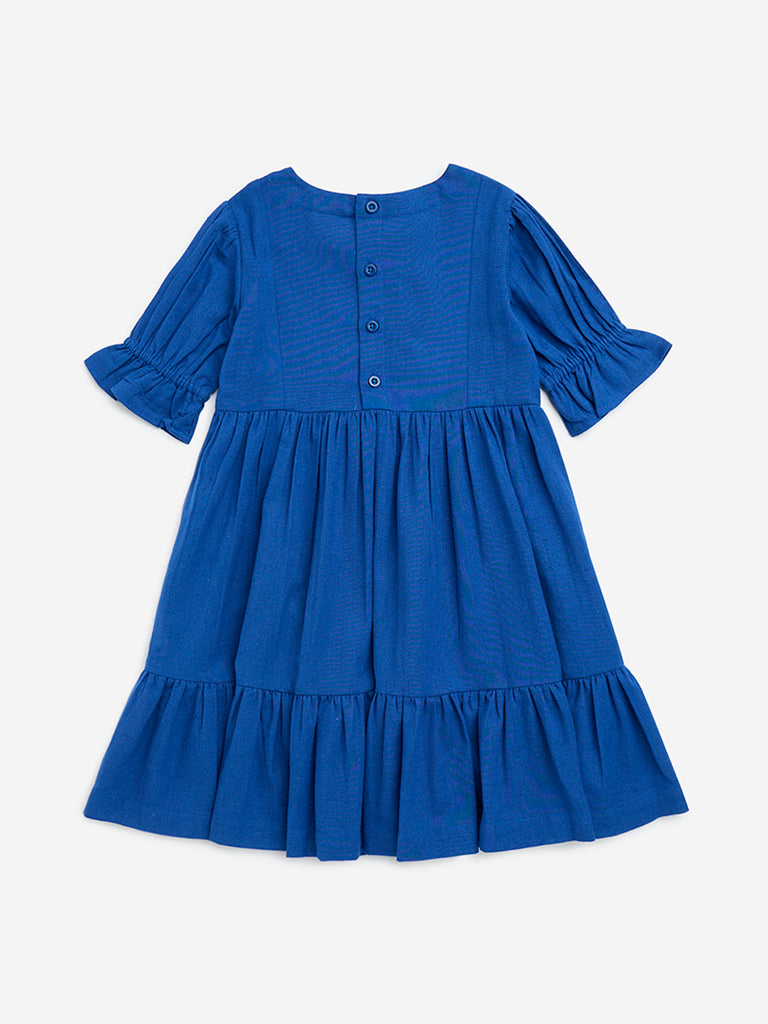 Utsa Kids Blue Embroidered Cotton-Blend Tiered Dress - (2-8yrs)
