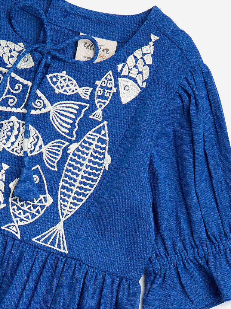 Utsa Kids Blue Embroidered Cotton-Blend Tiered Dress - (2-8yrs)