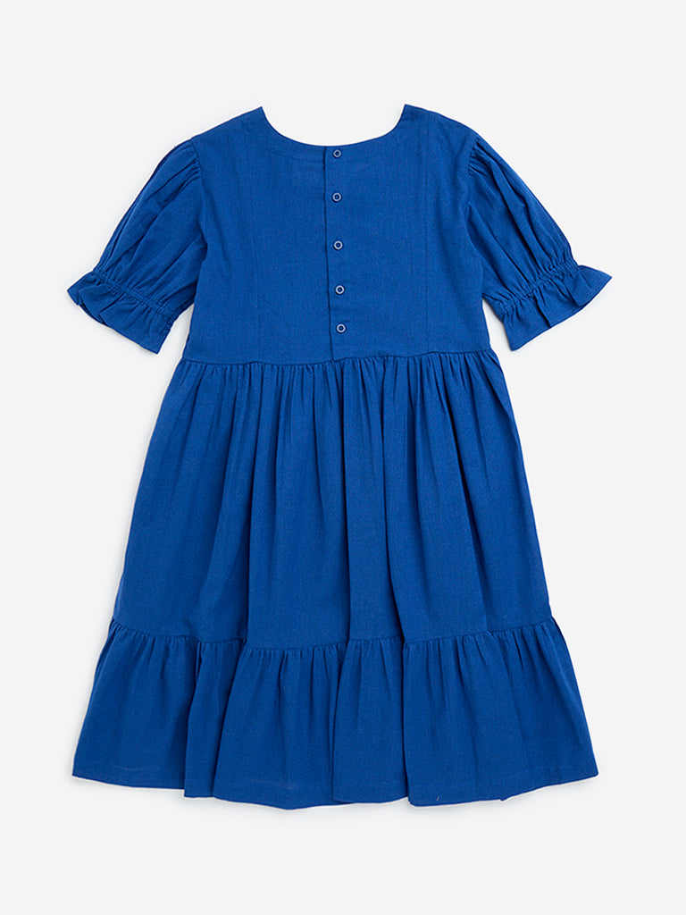 Utsa Kids Blue Embroidered Cotton-Blend Tiered Dress - (8-14yrs)