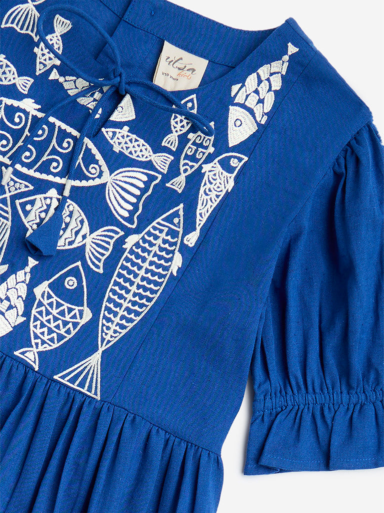 Utsa Kids Blue Embroidered Cotton-Blend Tiered Dress - (8-14yrs)