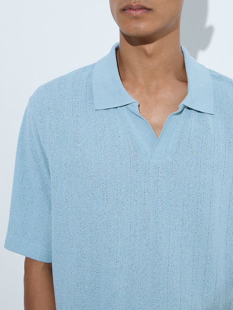 ETA Light Blue Knit-Textured Relaxed-Fit Polo T-Shirt