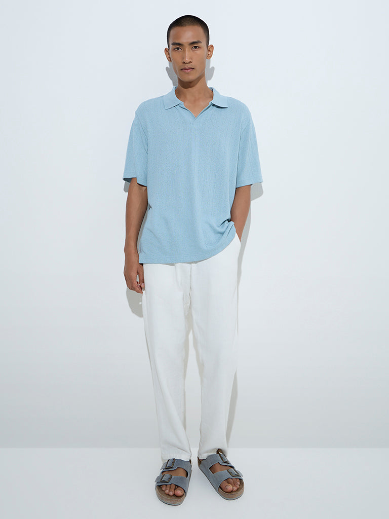 ETA Light Blue Knit-Textured Relaxed-Fit Polo T-Shirt