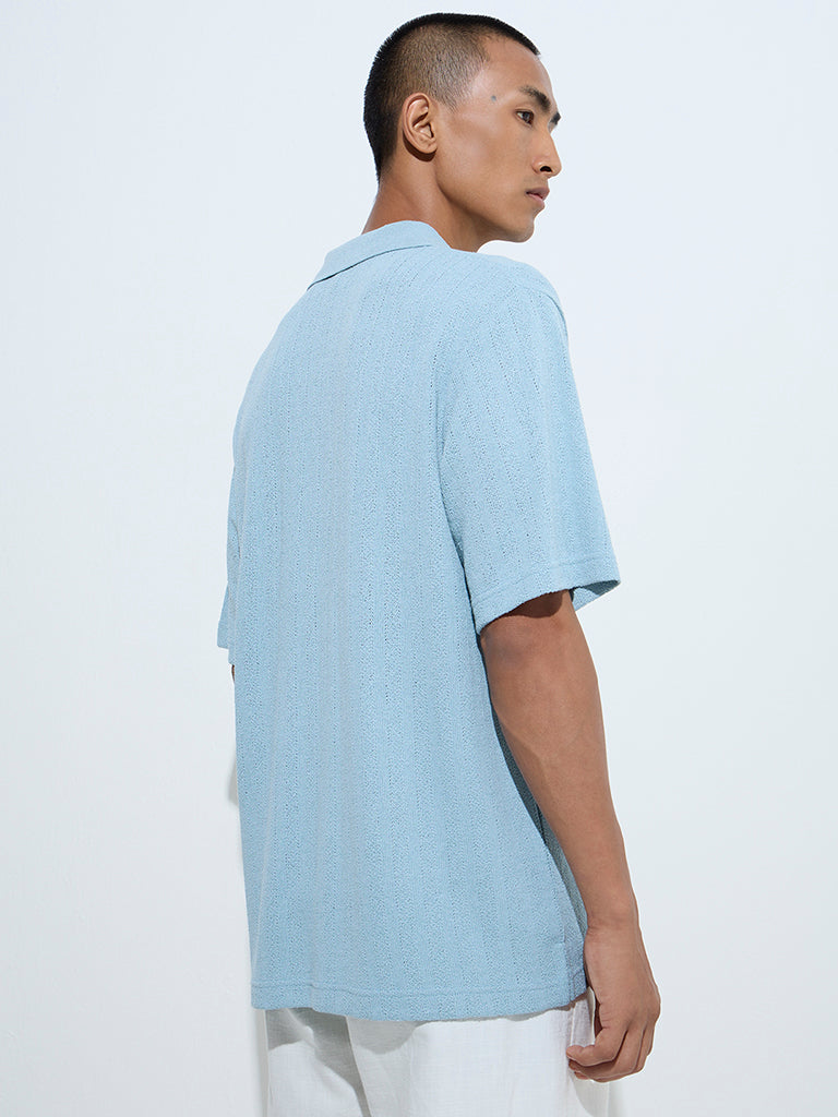 ETA Light Blue Knit-Textured Relaxed-Fit Polo T-Shirt