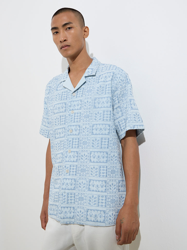 ETA Blue Embroidered Relaxed-Fit Cotton Shirt
