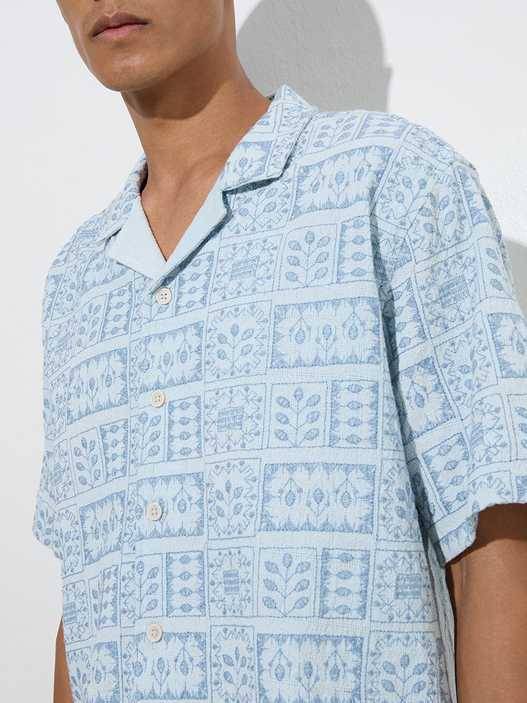 ETA Blue Embroidered Relaxed-Fit Cotton Shirt
