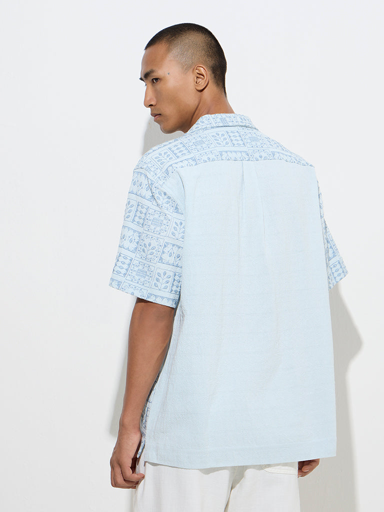 ETA Blue Embroidered Relaxed-Fit Cotton Shirt