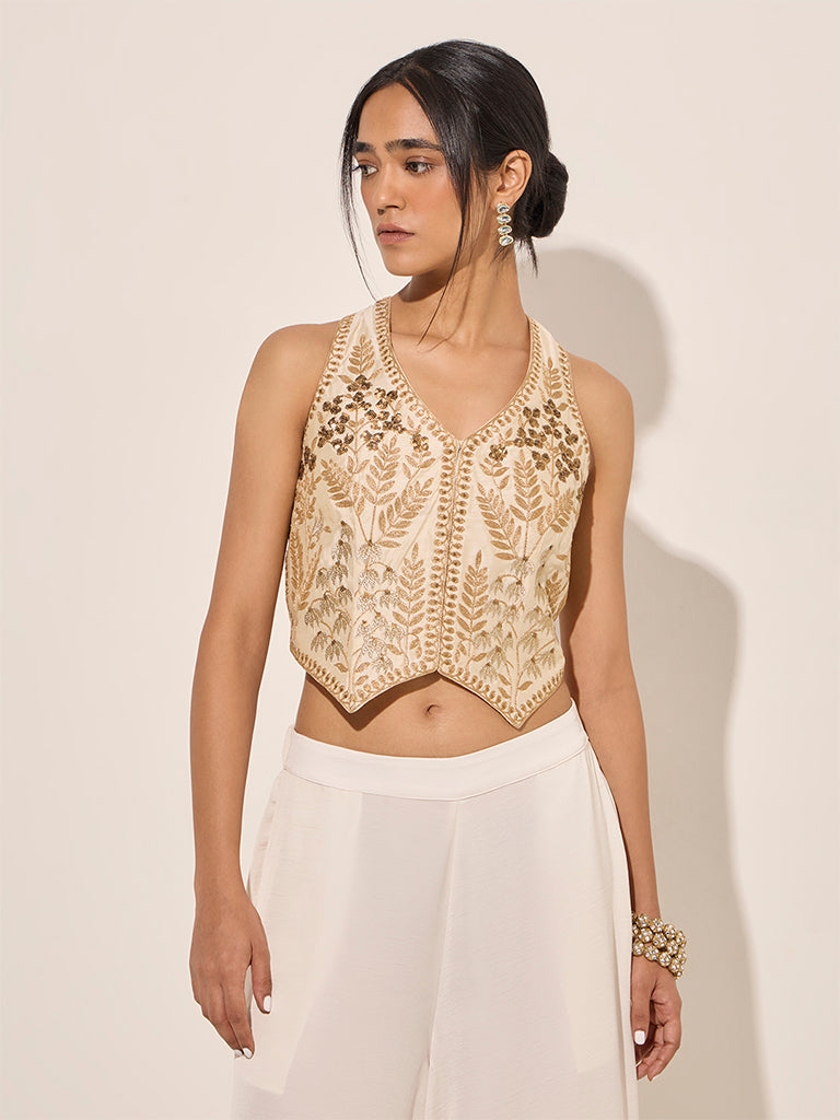 Vark Off-White Embroidered Corset-Style Top