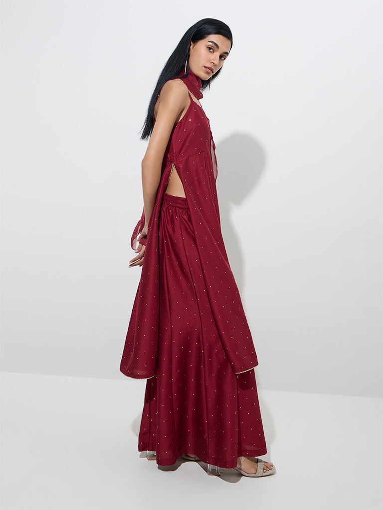 Vark Maroon A-Line Kurta, Palazzos, and Dupatta Set