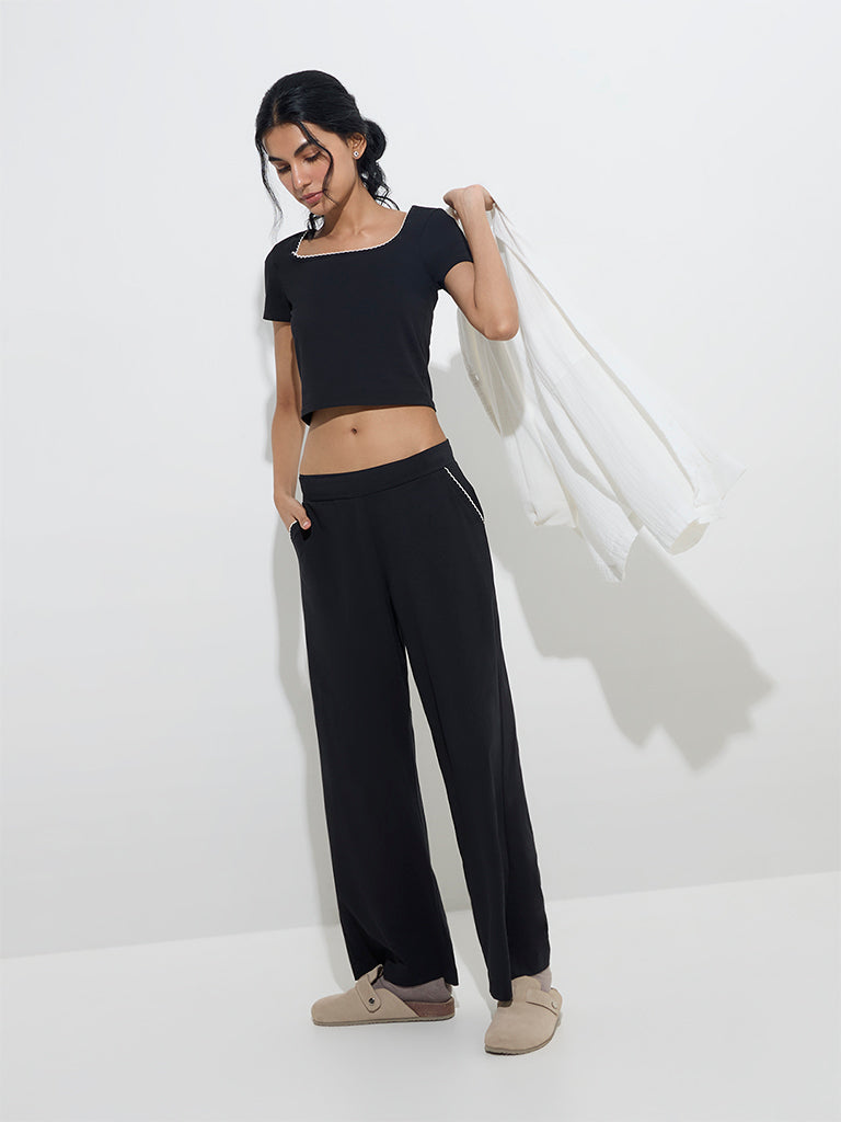 Superstar Black Solid High-Rise Cotton-Blend Lounge Pants