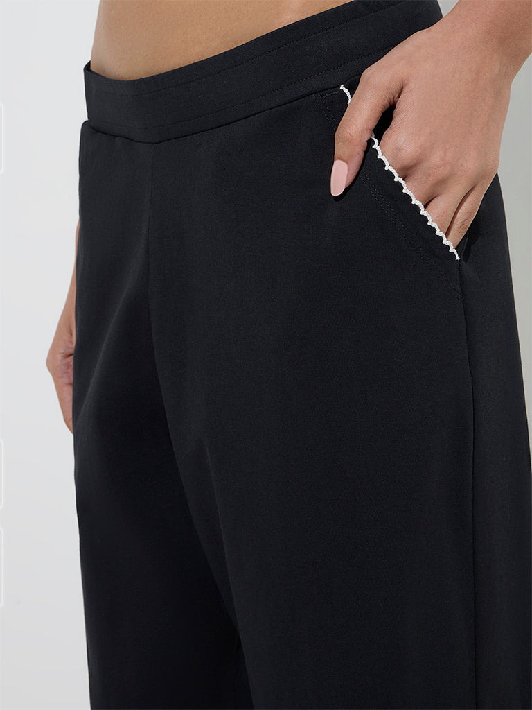 Superstar Black Solid High-Rise Cotton-Blend Lounge Pants
