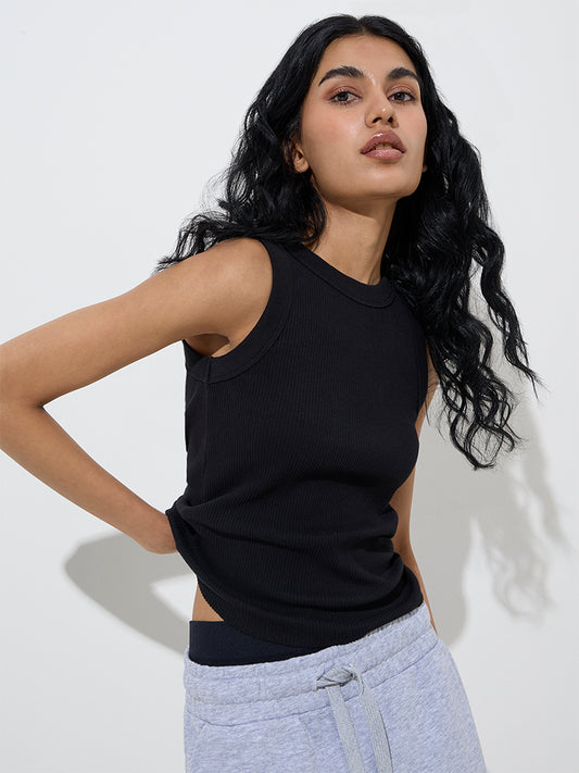 Westside Superstar Women's Black Ribbed-Textured Cotton-Blend Tank Top for Casual Wear Front View