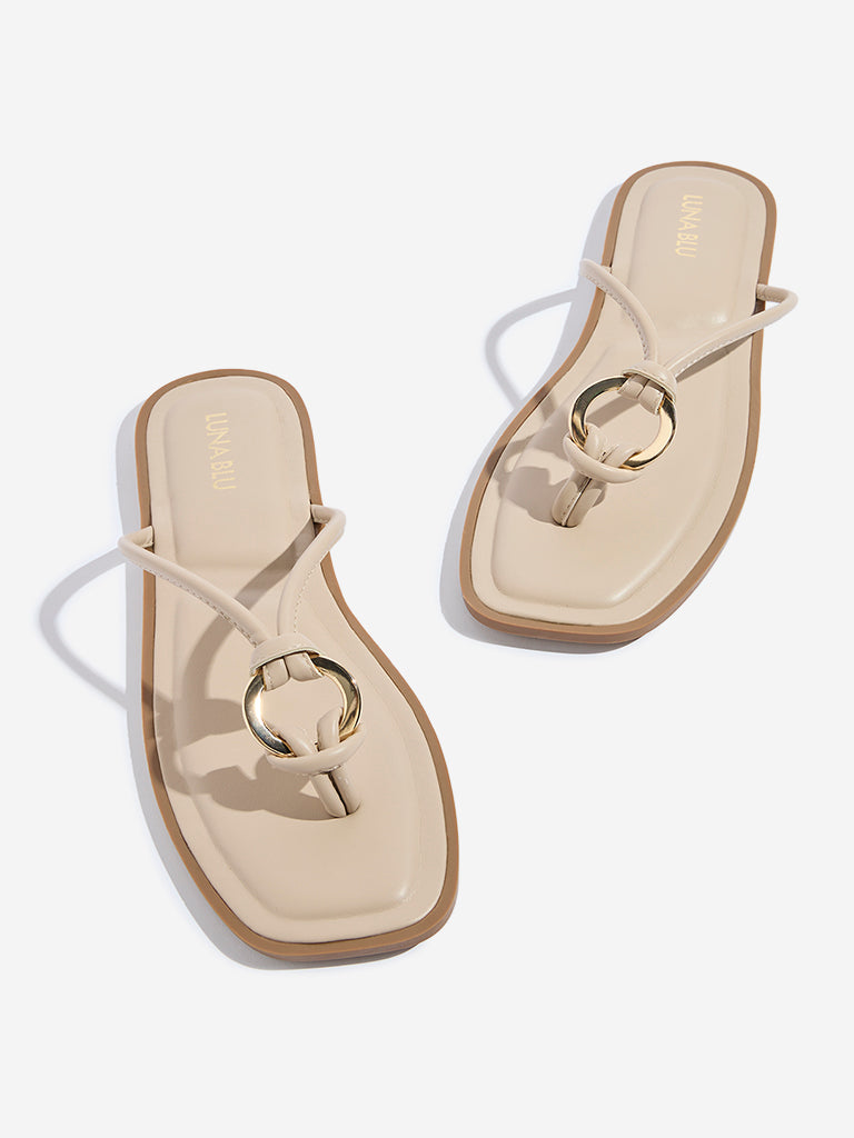 LUNA BLU Beige Metal-Detailed Slides